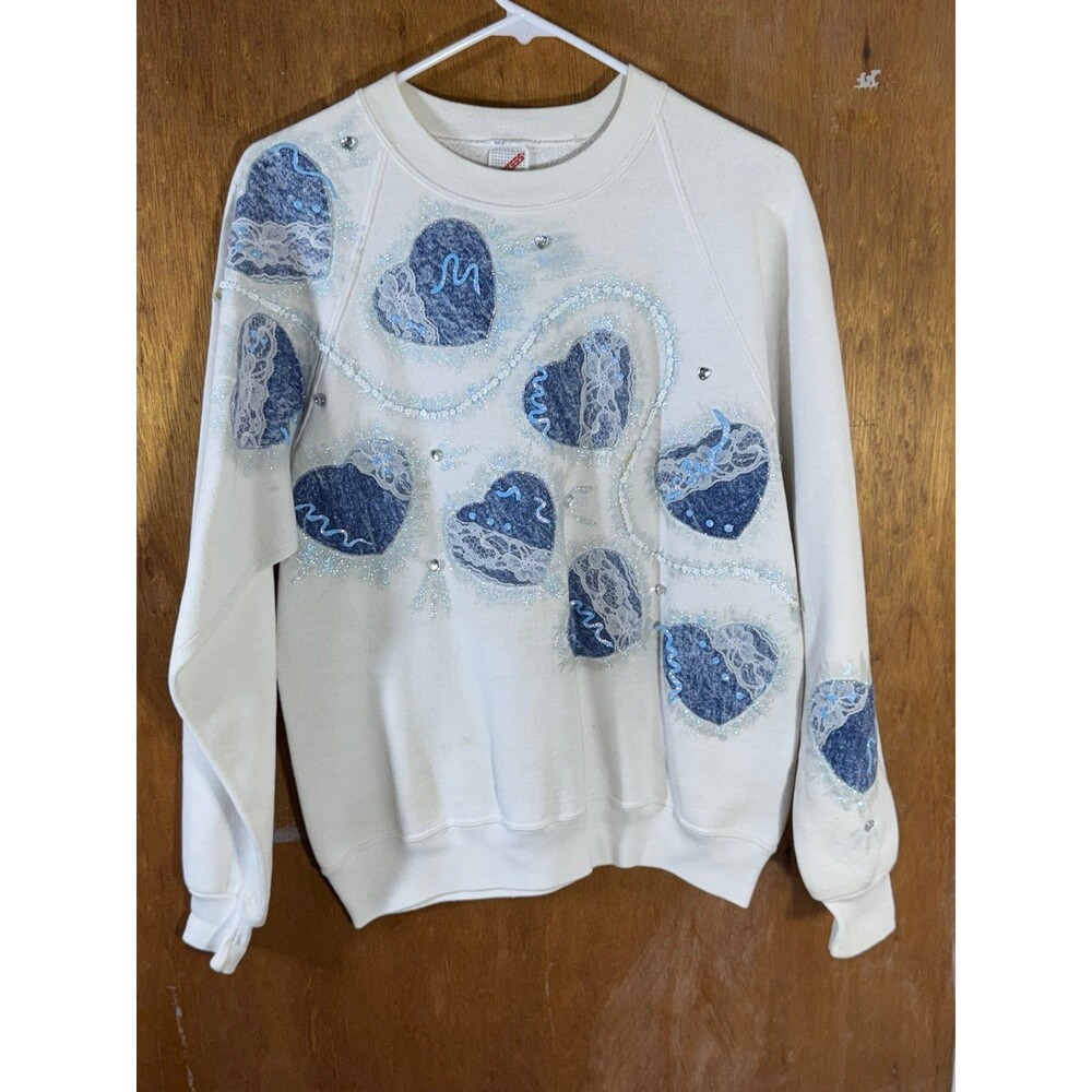 Vintage Floral Blue Hearts Sparkle Crewneck‎ Sweater Jerzees Women’s Large USA